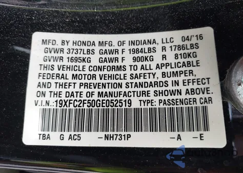 2016 Honda Civic Lx из США, поврежденный, VIN 19XFC2F50GE052519